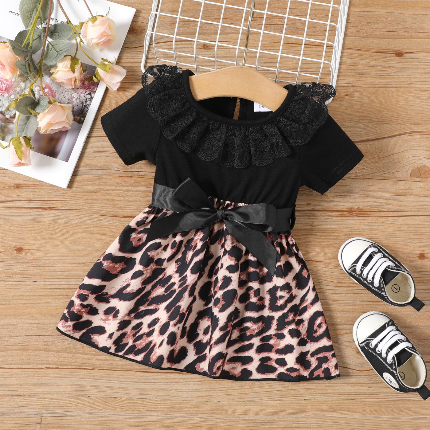 Baby Girl Leopard Panel Ruffle Collar Belted Dress
