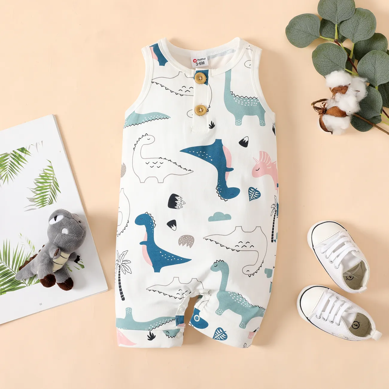 Baby Boy Dinosaur Print Cotton Tank Jumpsuit ORIGINALWHITE big image 1