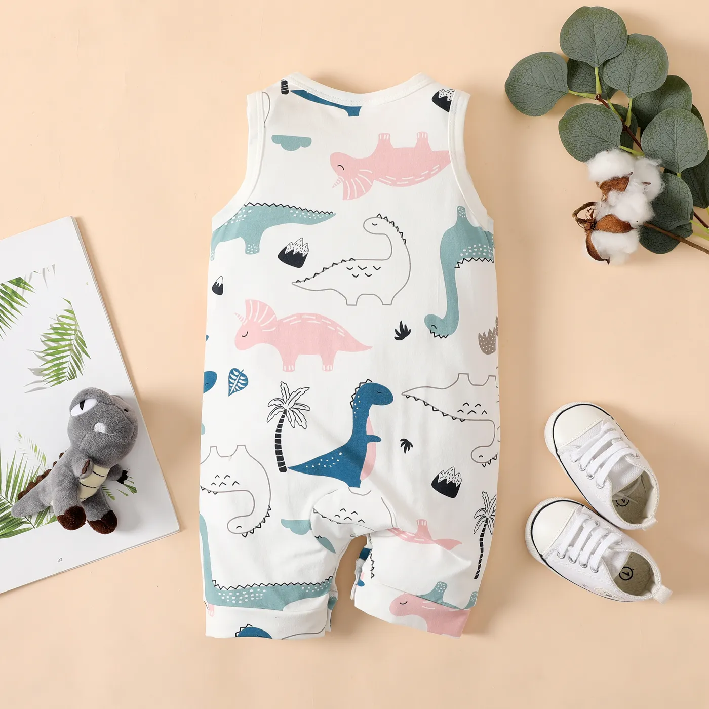 Baby Boy Dinosaur Print Cotton Tank Jumpsuit ORIGINALWHITE image 2