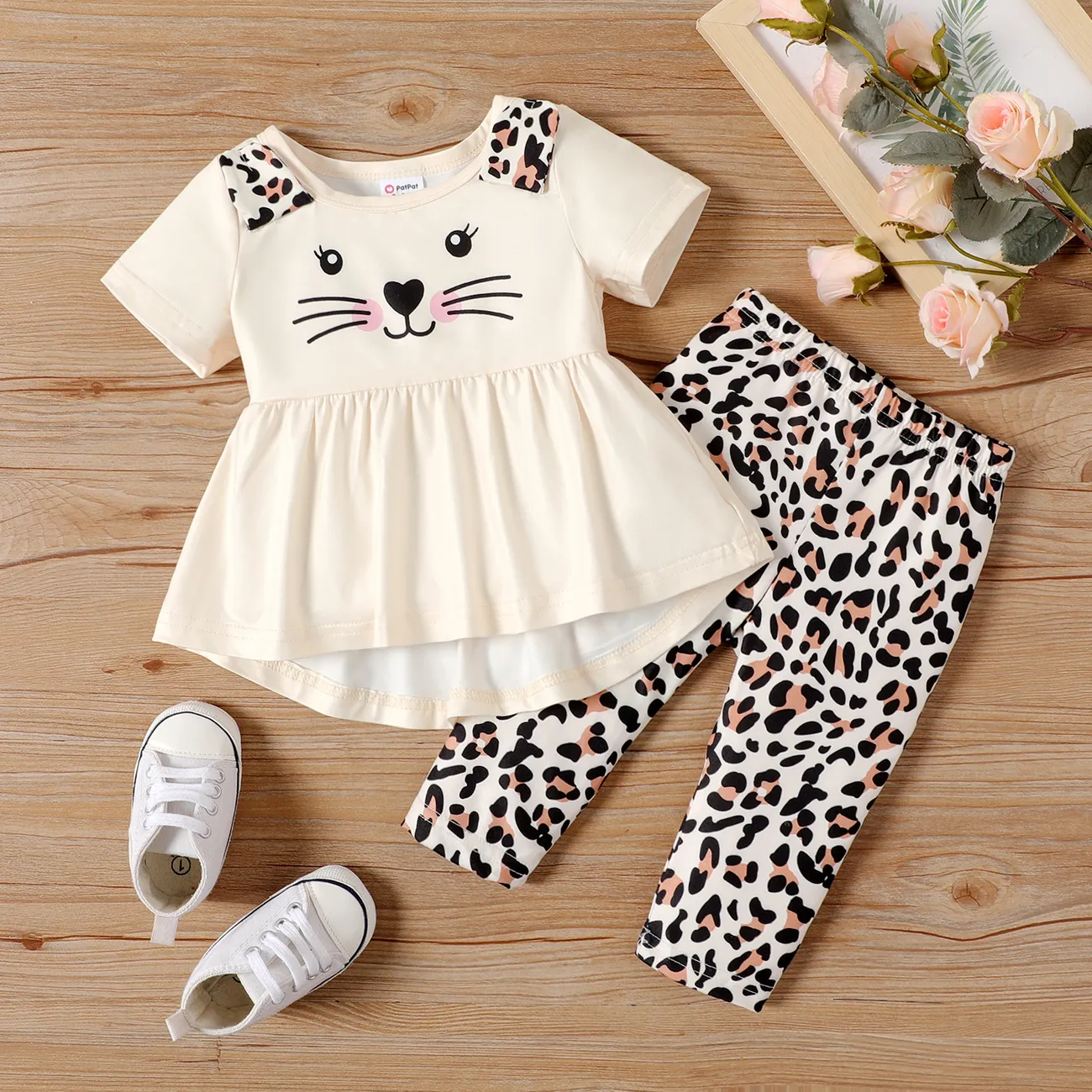 2pcs Baby Girl Cat Print Ruffle Hem Short-sleeve Top and Leopard Pants Set Apricot big image 1