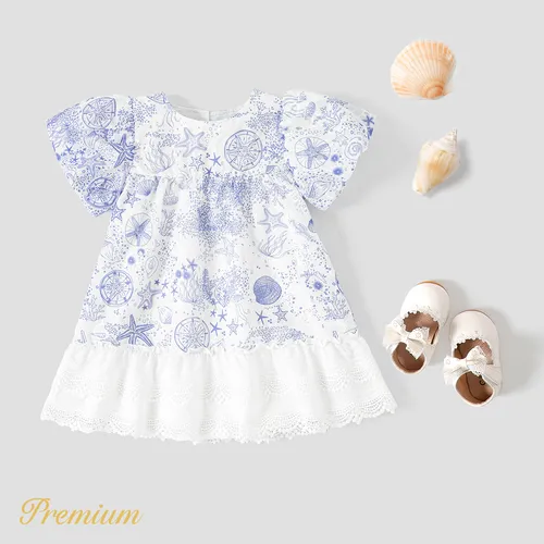 Toddler Girl Ocean Print Lace Hem Puff Sleeve Dress