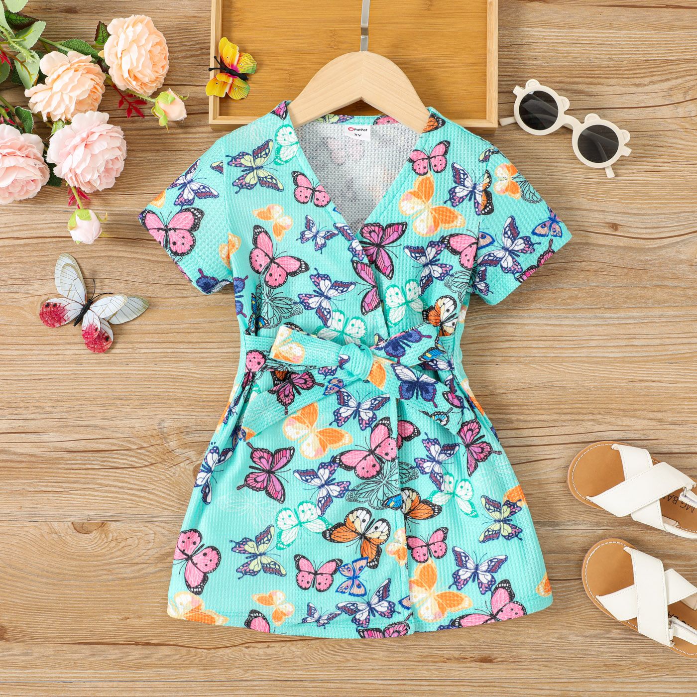 Toddler Girl Butterfly Print Waffle Short-sleeve Belted Dress