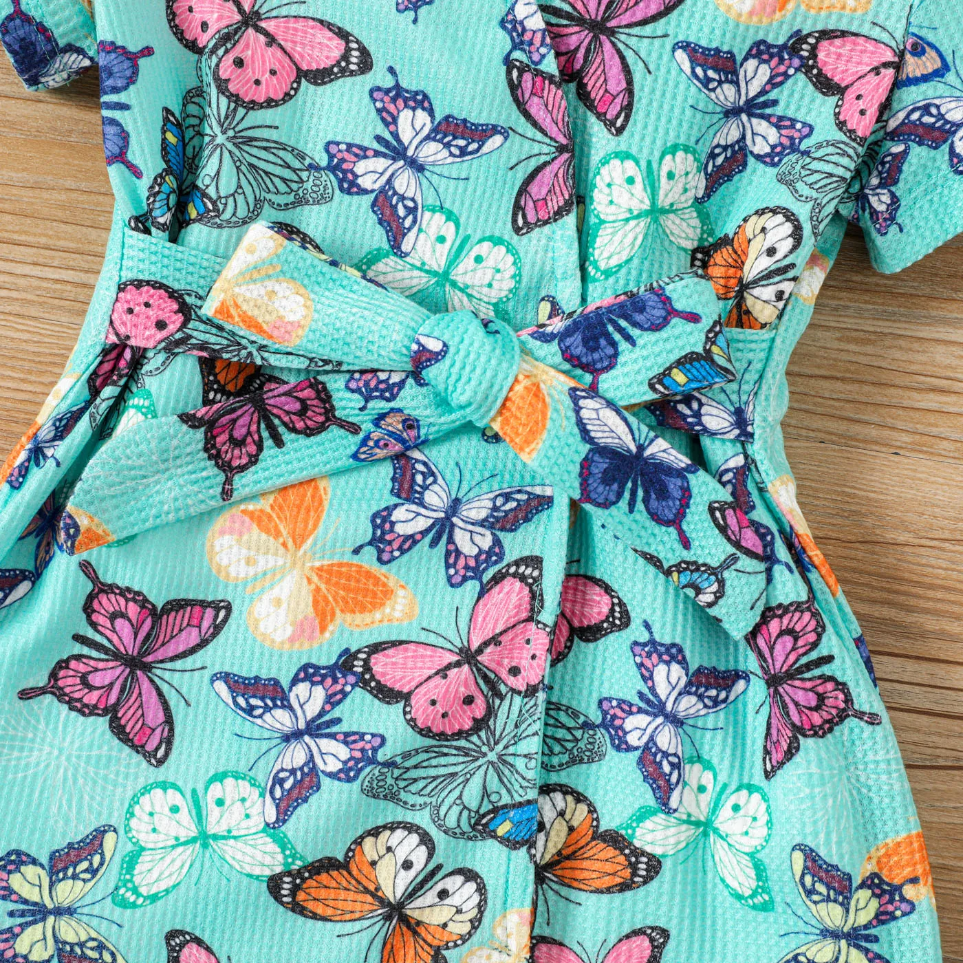 Toddler Girl Butterfly Print Waffle Short-sleeve Belted Dress  Multicolour-1 image 4