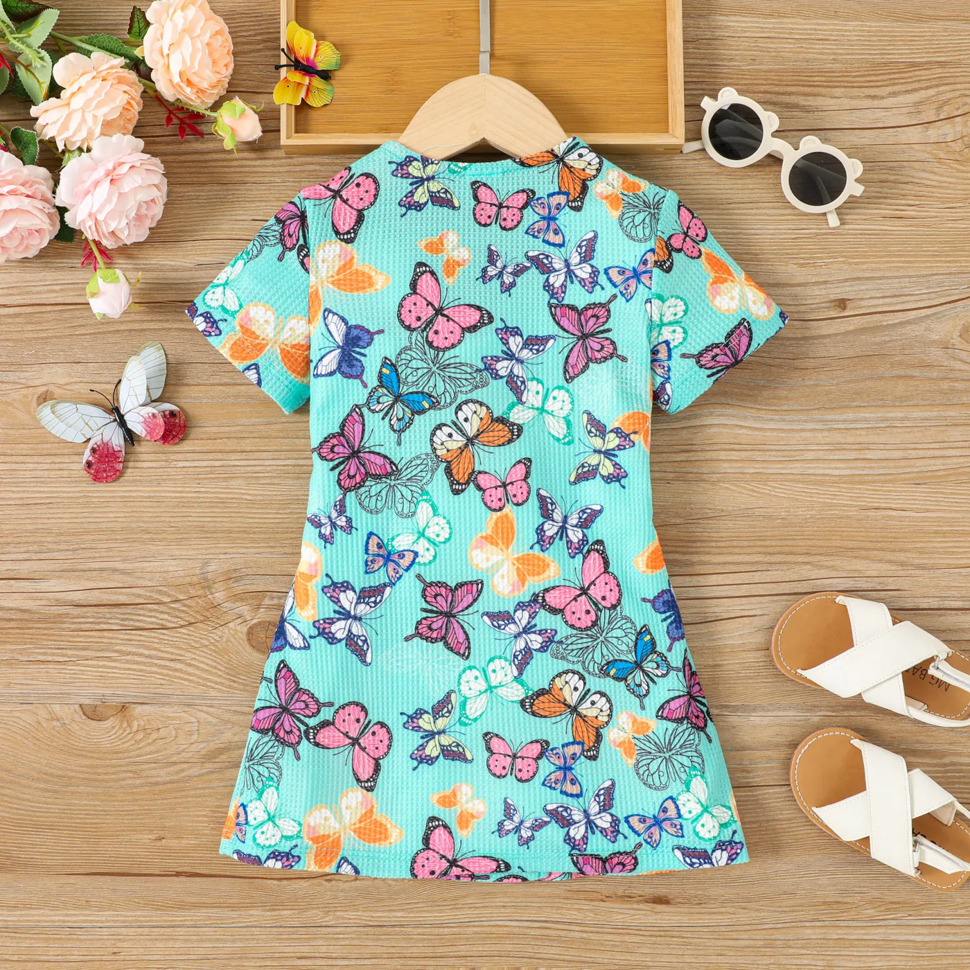 Toddler Girl Butterfly Print Waffle Short-sleeve Belted Dress  Multicolour-1 image 2