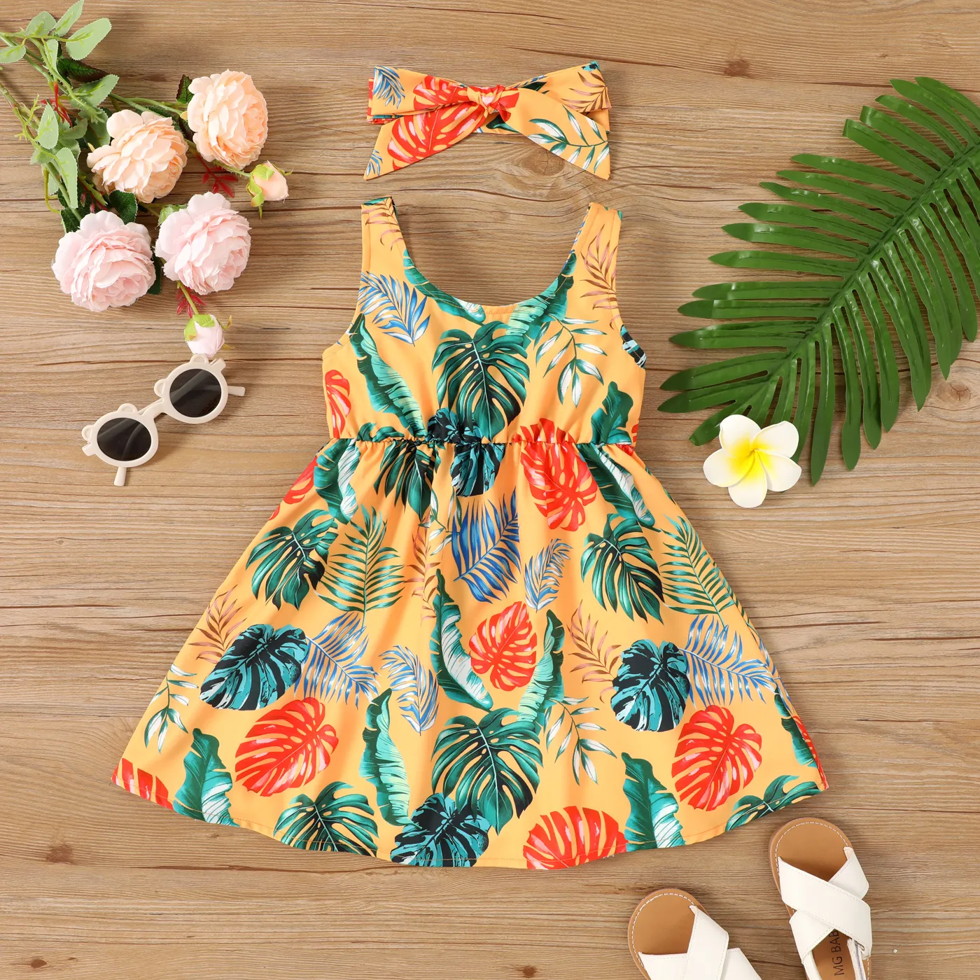 2pcs Toddler Girl Allover Plant Print Bow Decor Tank Dress with Headband  Multicolour-1 image 2
