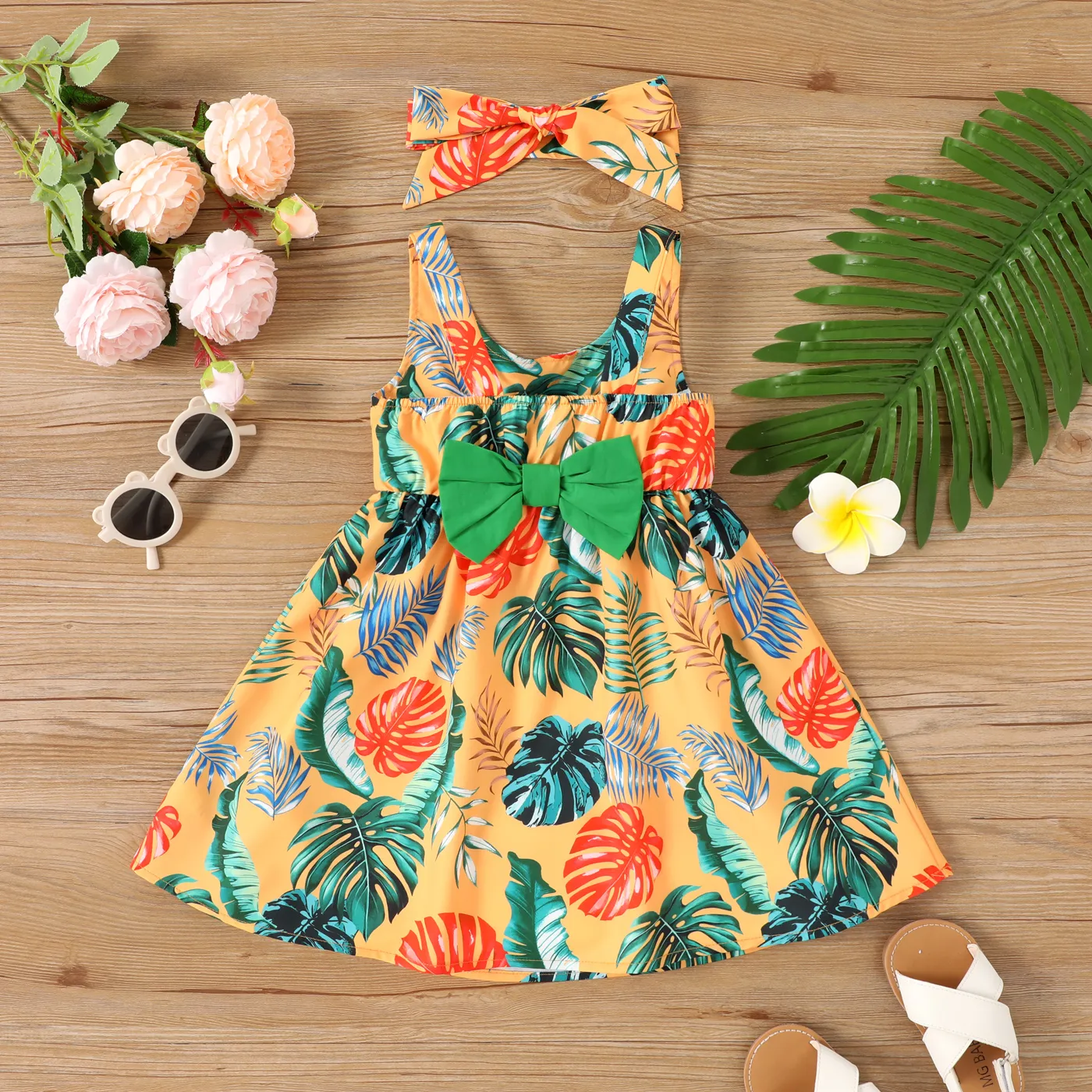 2pcs Toddler Girl Allover Plant Print Bow Decor Tank Dress with Headband  Multicolour-1 image 3