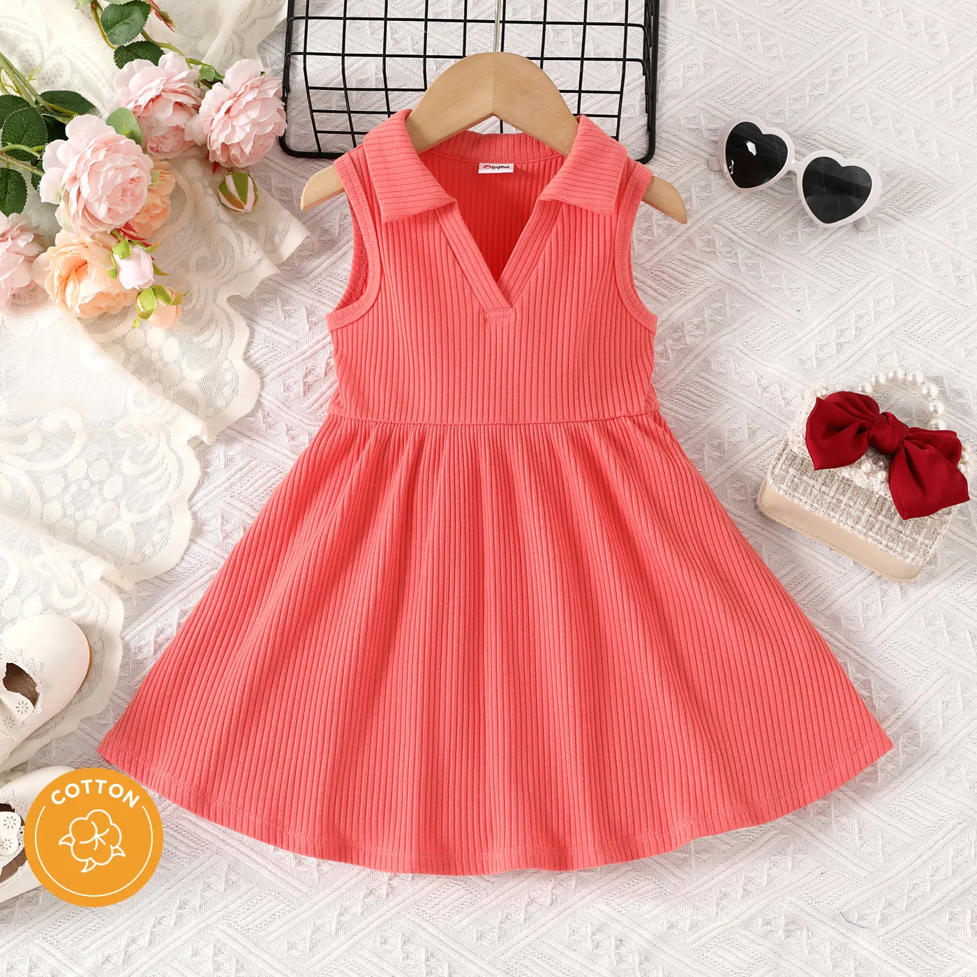 

Toddler Girl Solid Lapel Neck Ribbed Cotton Tank Dress