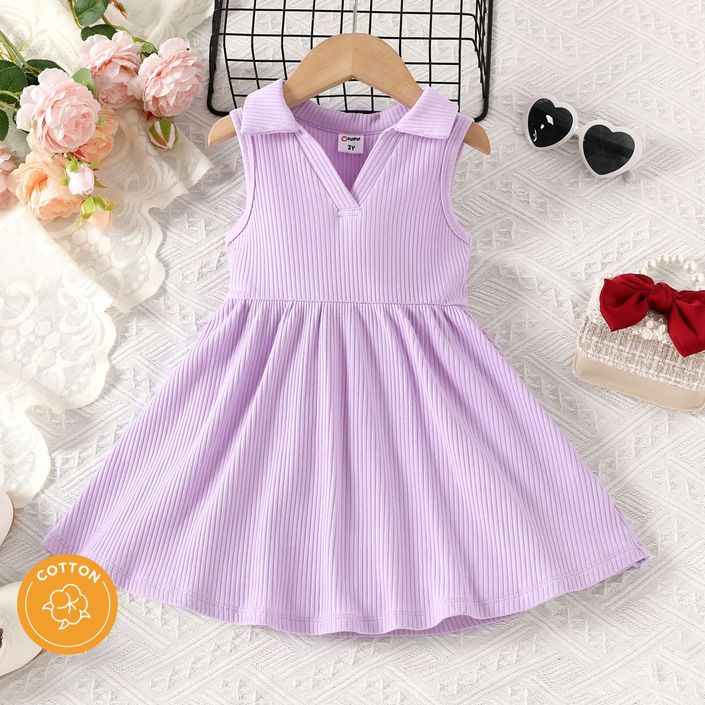 

Toddler Girl Solid Lapel Neck Ribbed Cotton Tank Dress