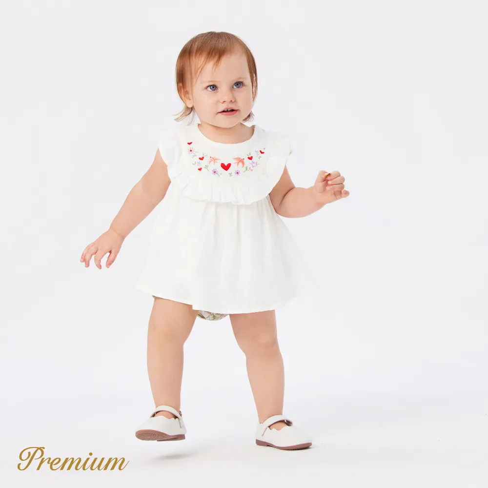 Baby Girl 100% Cotton Floral Embroidered Ruffle Sleeveless Blouse big image 2