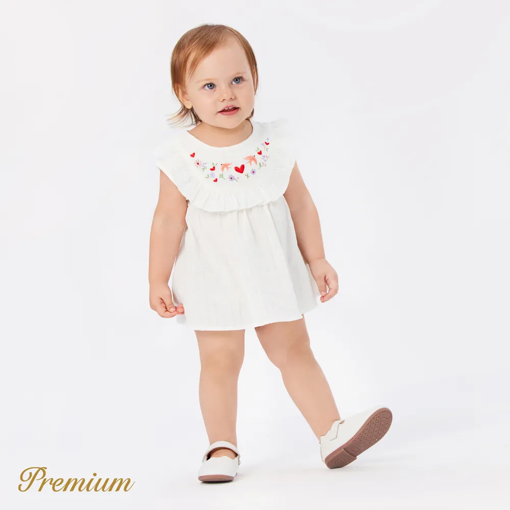 Baby Girl 100% Cotton Floral Embroidered Ruffle Sleeveless Blouse big image 3