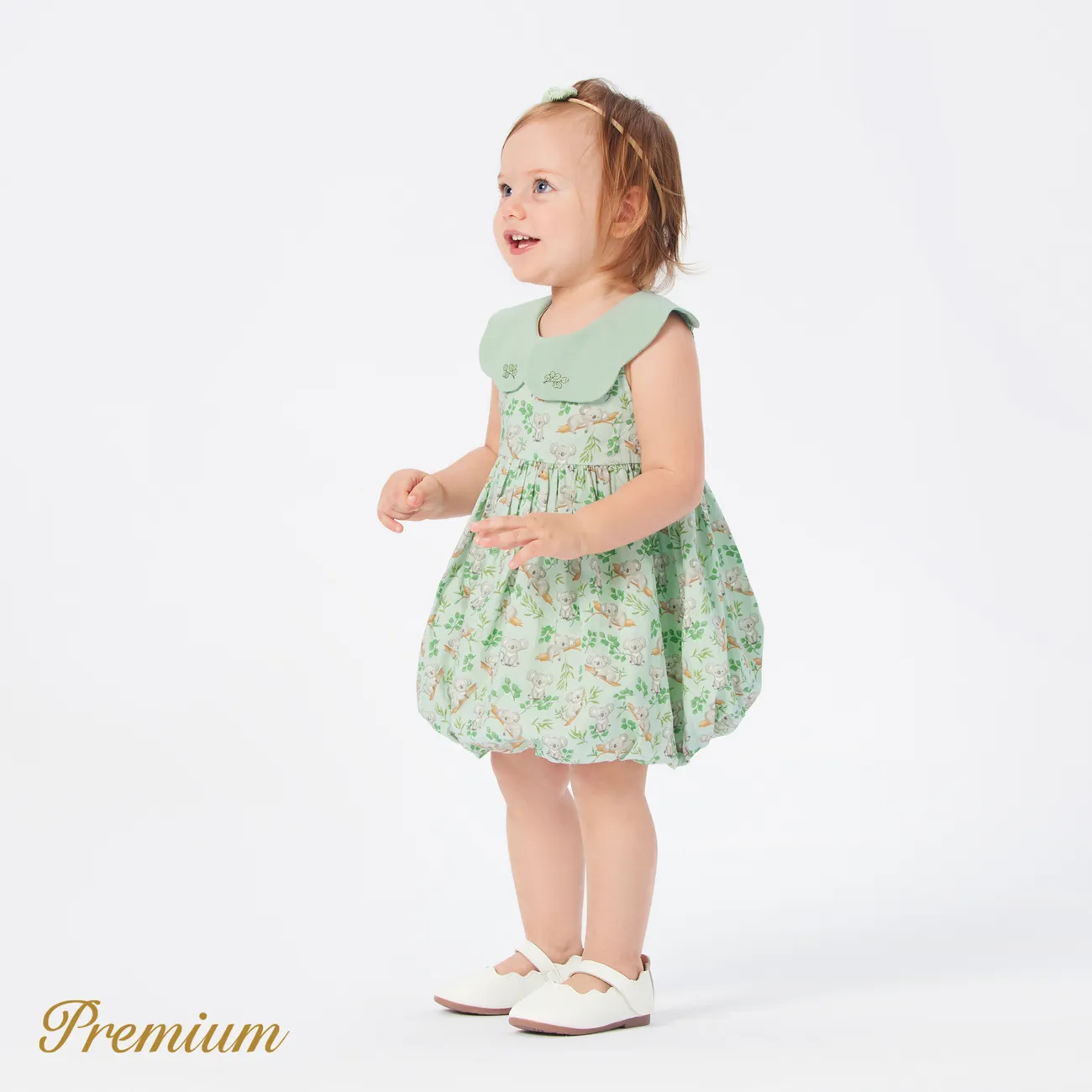 Baby Girl 100% Cotton Allover Print Statement Collar Tank Dress Light Green big image 1