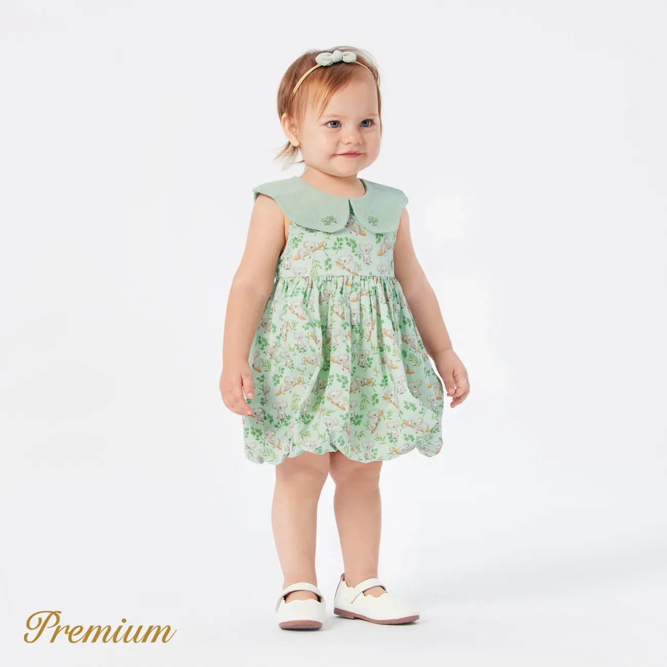 Baby Girl 100% Cotton Allover Print Statement Collar Tank Dress Light Green big image 1