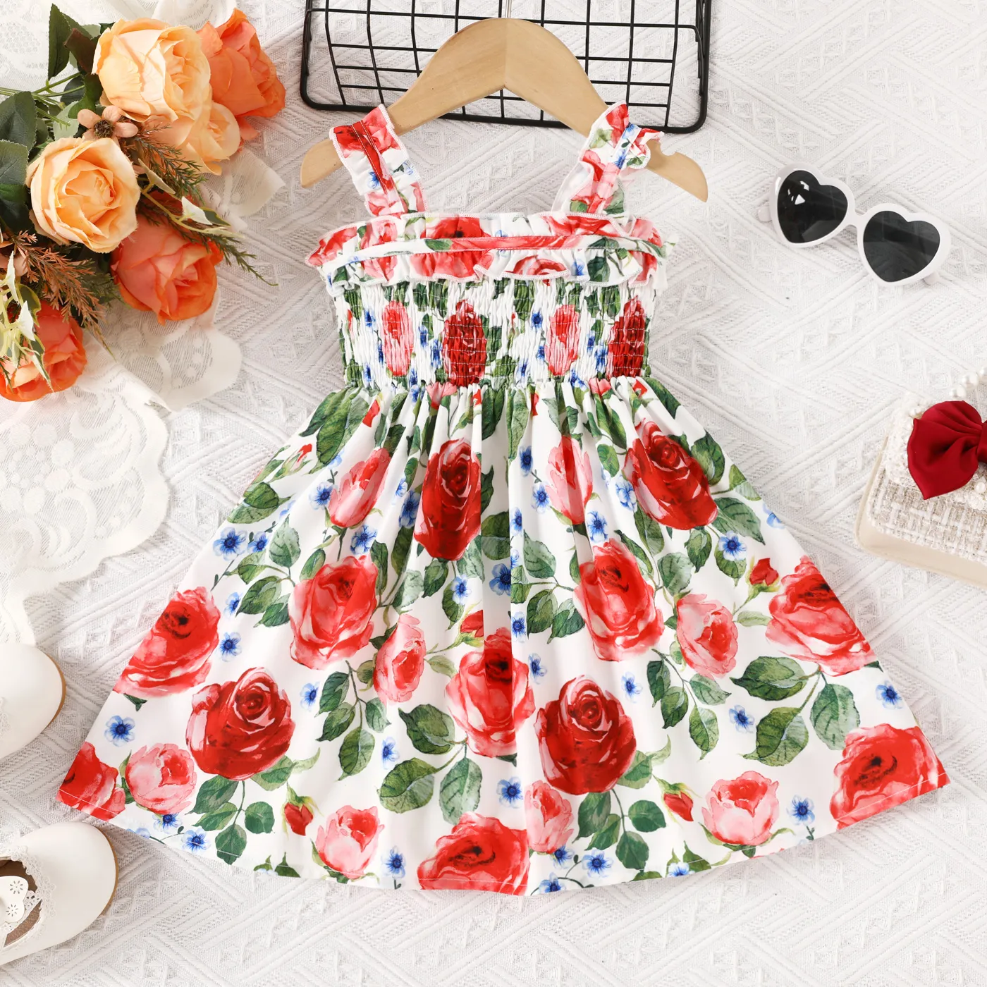 Toddler Girl Allover Roses Print Smocked Strappy Dress Colorful