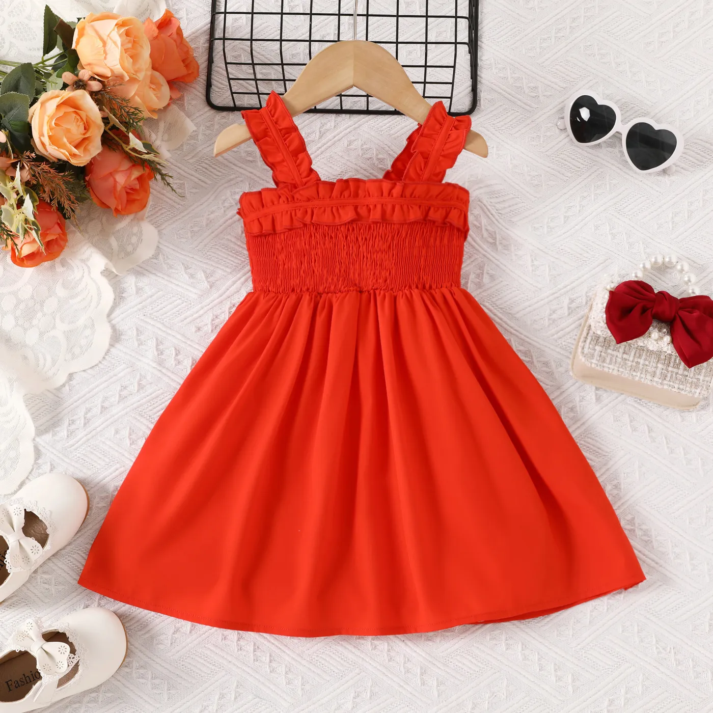Toddler Girl Allover Roses Print Smocked Strappy Dress Orange big image 1