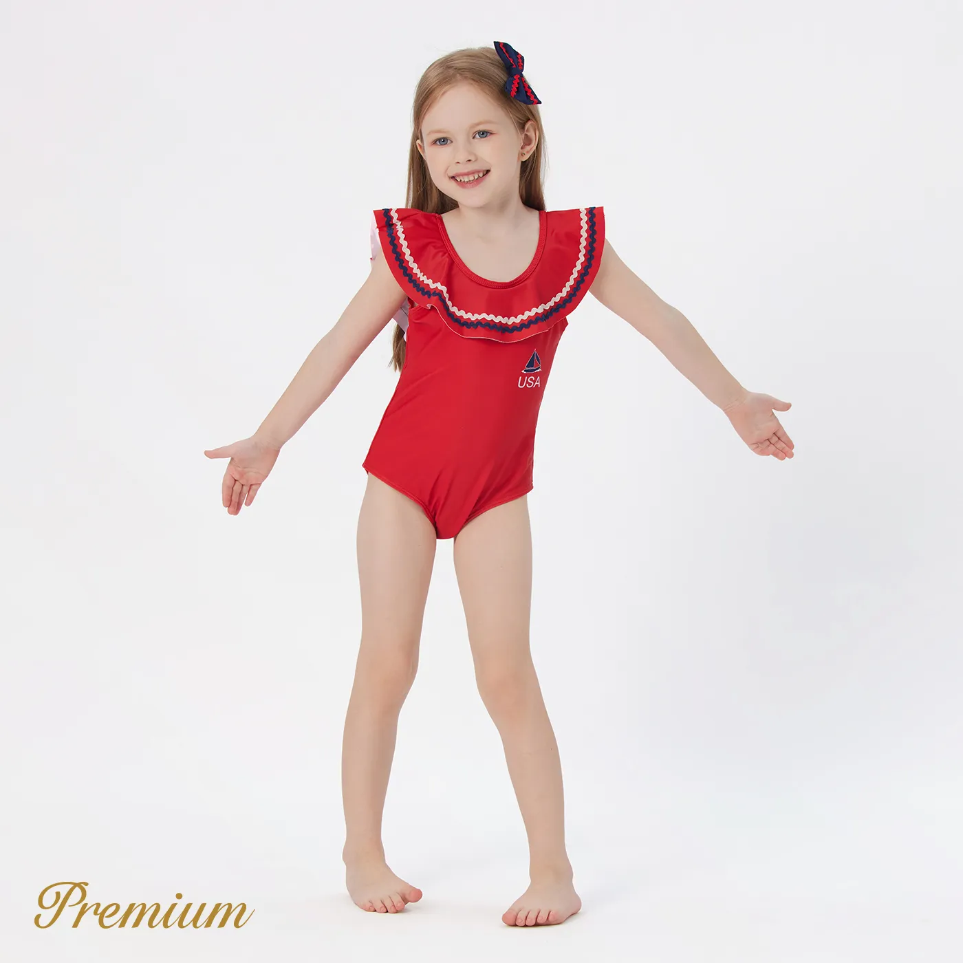 Kid Girl Sailboat Graphic Ruffled Collar One-piece Swimsuit Red image 3