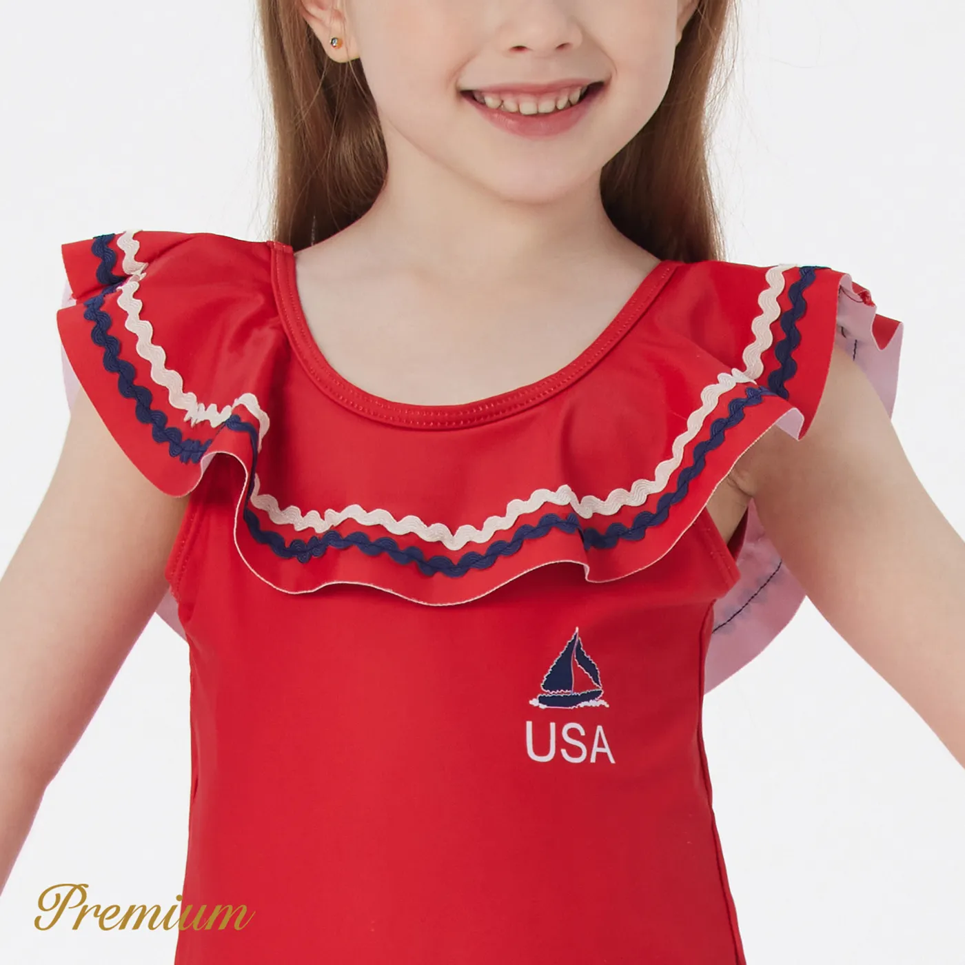 Kid Girl Sailboat Graphic Ruffled Collar One-piece Swimsuit Red image 6