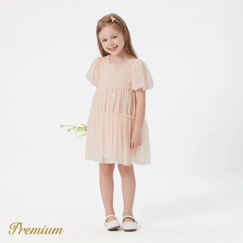 Kid Girl 100% Cotton Solid Textured Splice Mesh Puff-sleeve Dress