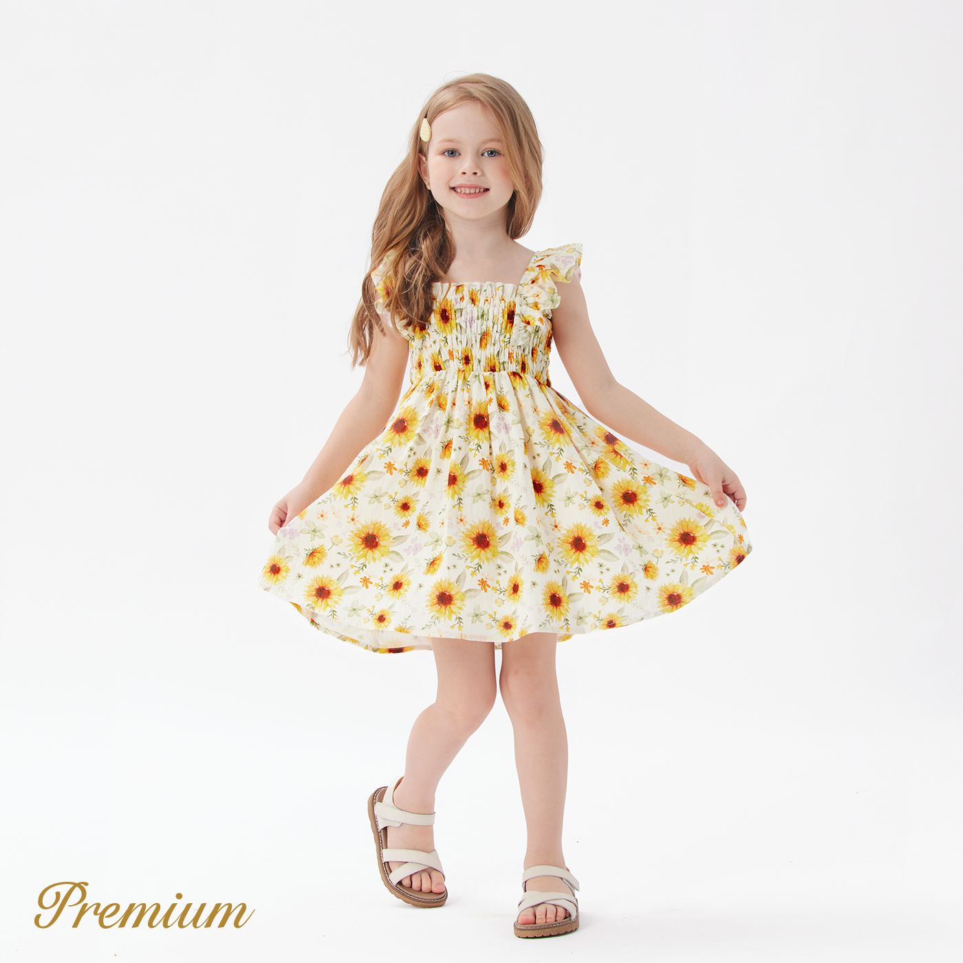 Toddler Girl Ruffled Smocked Floral Print/ Yellow Flutter-sleeve Dress