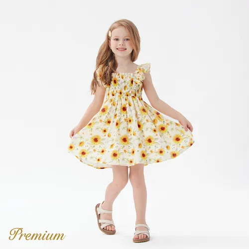 Toddler Girl Ruffled Smocked Floral Print/ Yellow Flutter-sleeve Dress