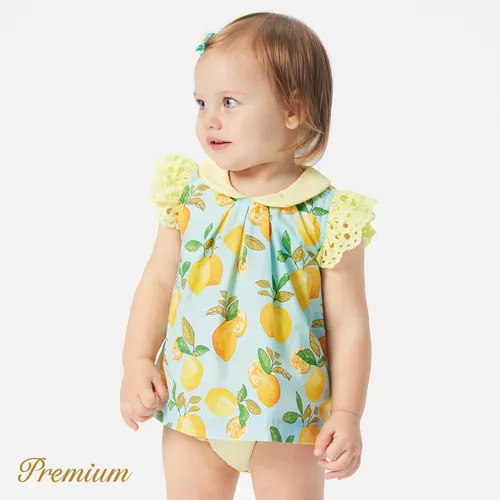 Baby Girl 100% Cotton Allover Lemon Print Peter Pan Collar Flutter-sleeve Romper