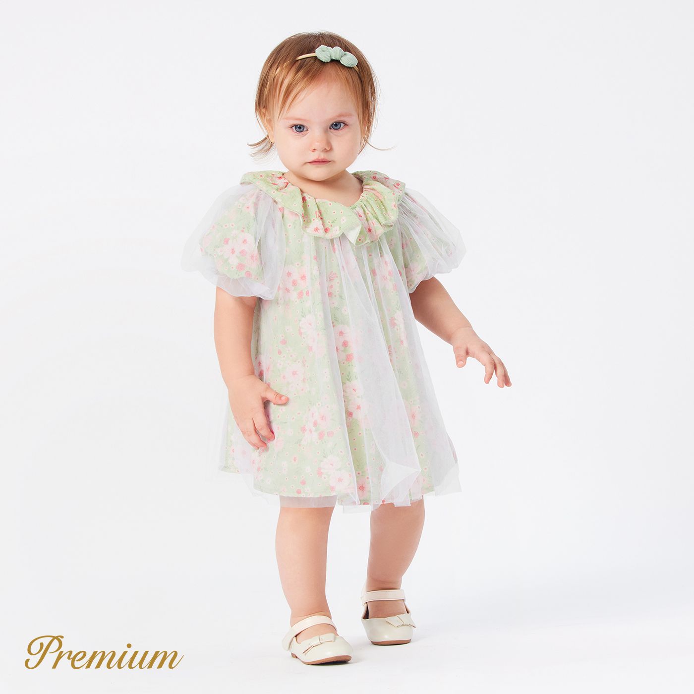 

Baby Girl 100% Cotton Allover Floral Print Ruffled Collar Puff-sleeve Mesh Dress