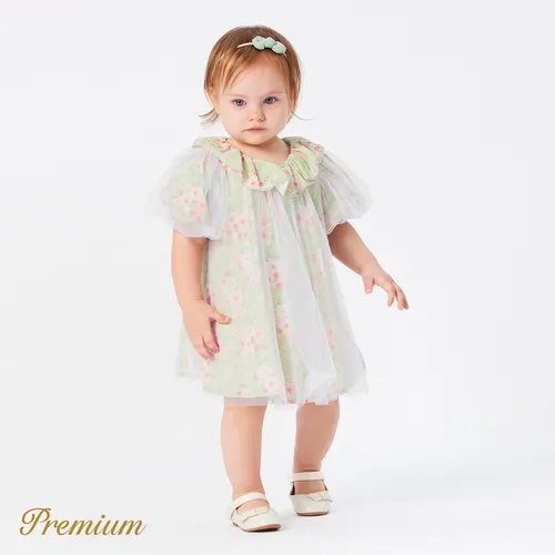Baby Girl 100% Cotton Allover Floral Print Ruffled Collar Puff-sleeve Mesh Dress