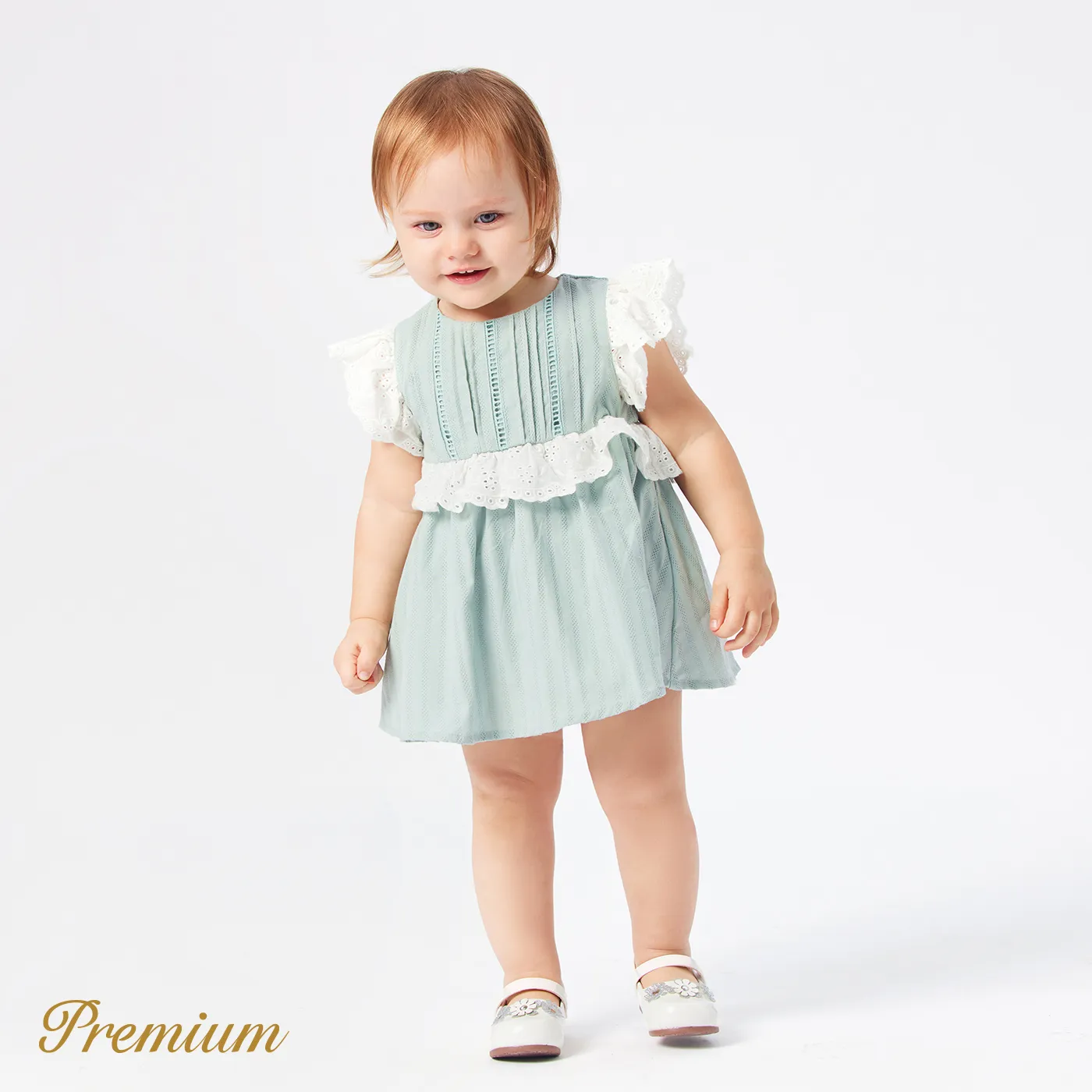 Baby Girl 100% Cotton Contrast Ruffled Flutter-sleeve Textured Romper  image 3