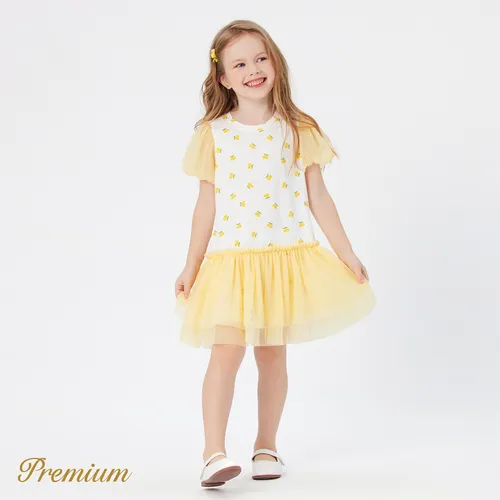 Toddler Girl Cotton Allover Lemon Print Puff-sleeve Spliced Mesh Dress
