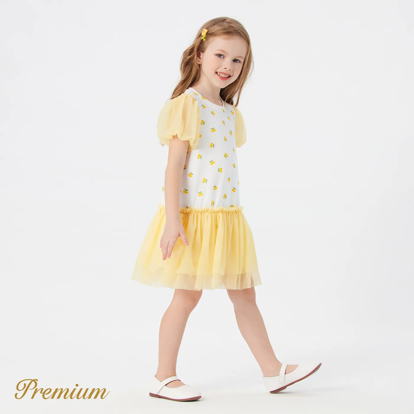 Toddler Girl Cotton Allover Lemon Print Puff-sleeve Spliced Mesh Dress  image 3