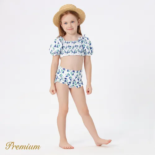 2pcs Toddler Girl Allover Plant Print Puff-sleeve Shirred Crop Top & Shorts Two-piece Swimsuit Set