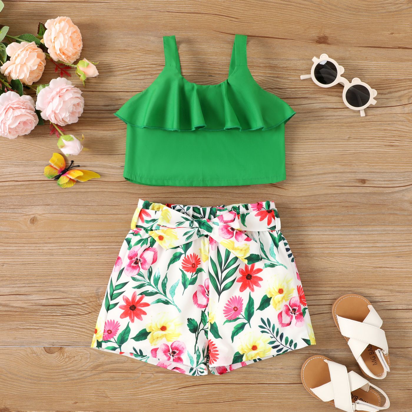 2pcs Toddler Girl Ruffled Camisole And Plant Floral Print Shorts Set