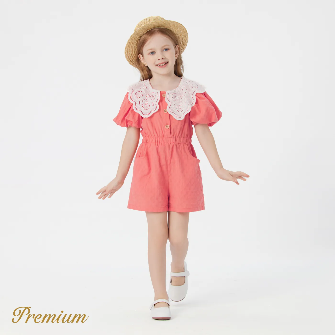 Toddler Girl 100% Cotton Contrast Statement Collar Puff-sleeve Button Front Romper Shorts  image 2