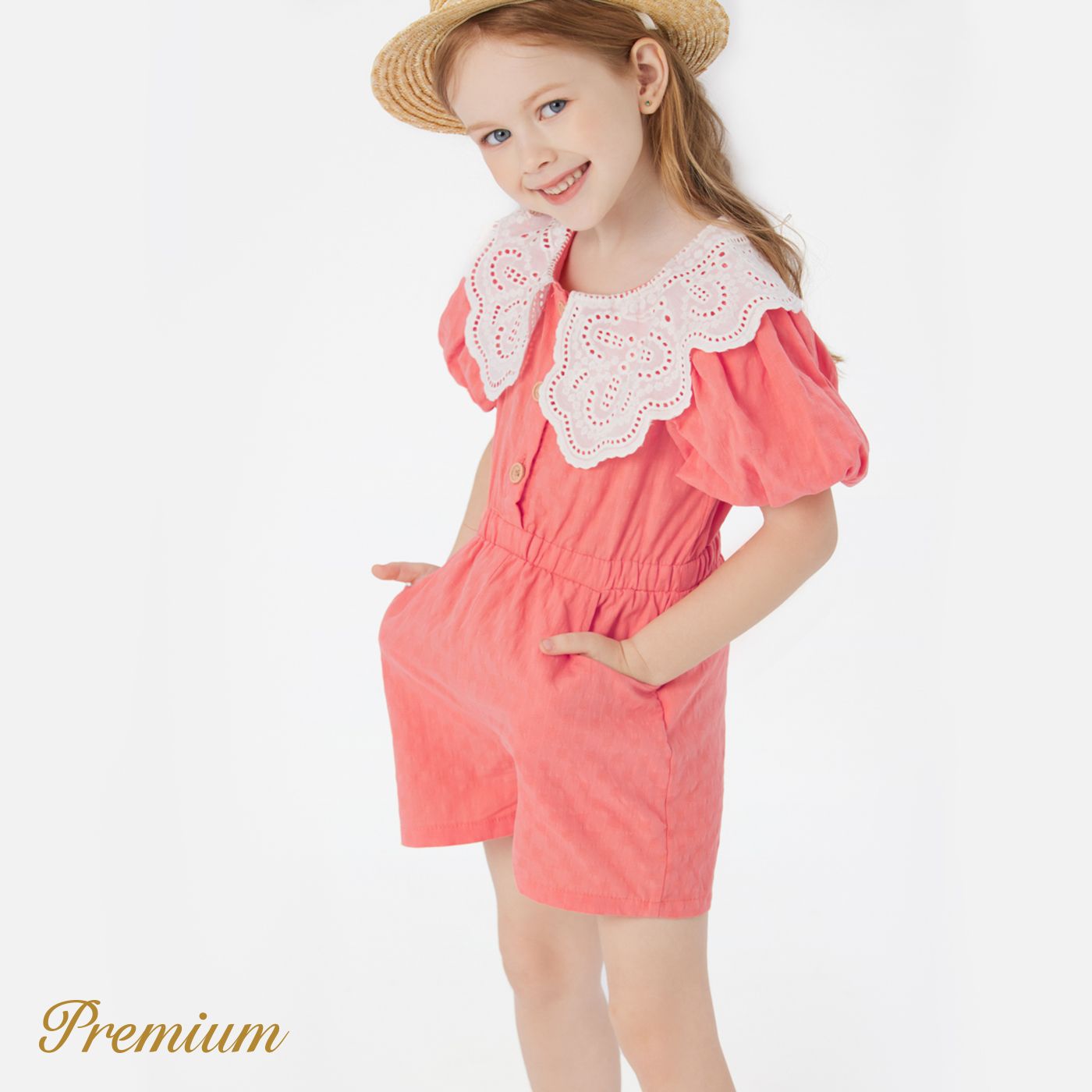 Toddler Girl 100% Cotton Contrast Statement Collar Puff-sleeve Button Front Romper Shorts
