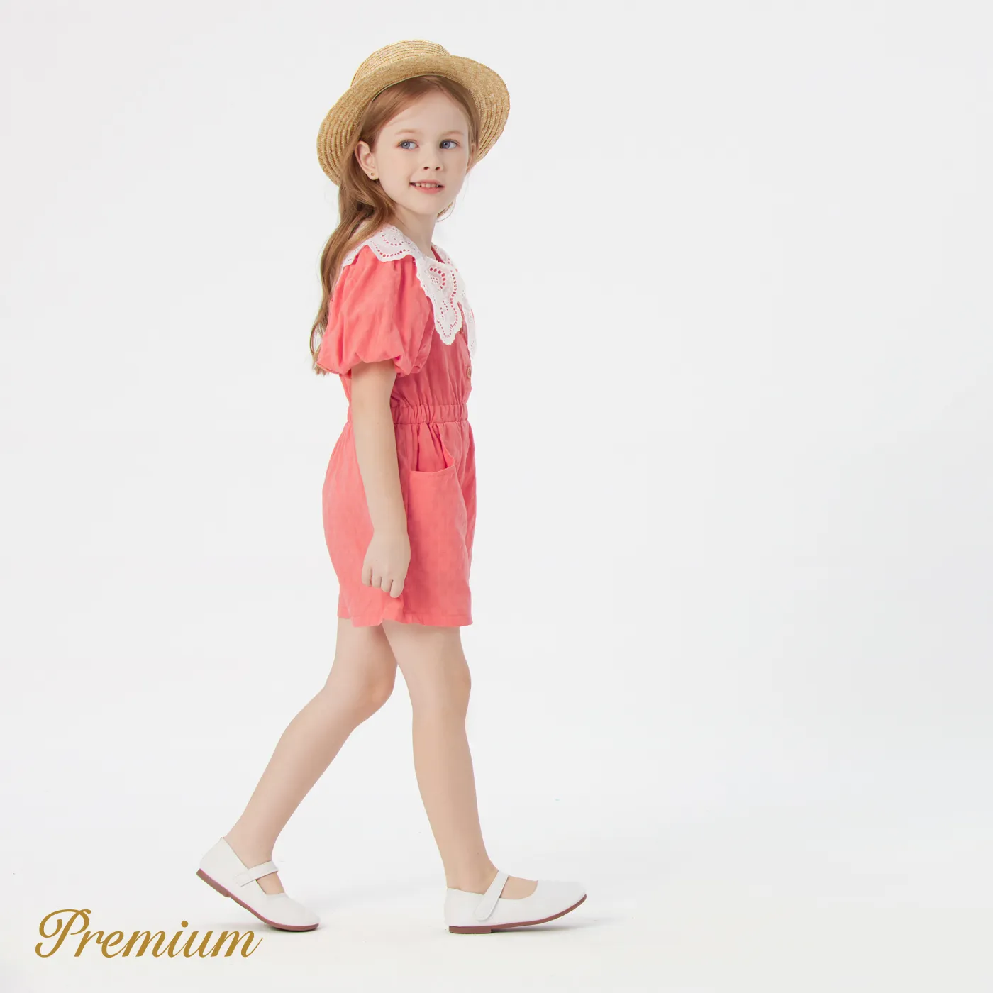 Toddler Girl 100% Cotton Contrast Statement Collar Puff-sleeve Button Front Romper Shorts  image 3