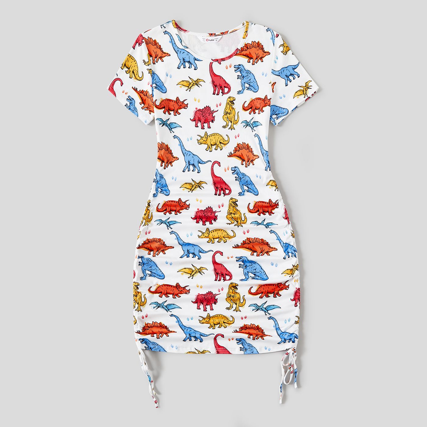Family Matching Dinosaur Print Drawstring Ruched Side Short-sleeve Bodycon Dresses and Short-sleeve 