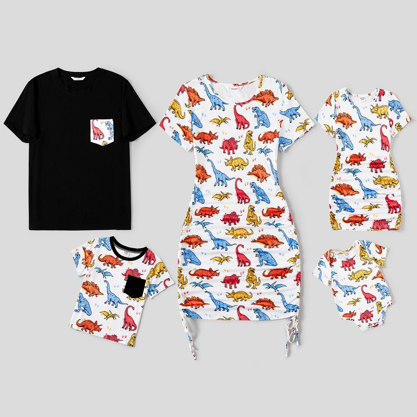 Family Matching Dinosaur Print Drawstring Ruched Side Short-sleeve Bodycon Dresses And Short-sleeve T-shirts Sets