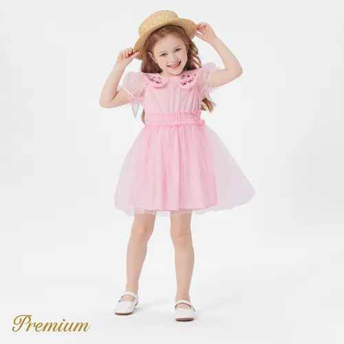 Toddler Girl Embroidered Statement Collar Puff-sleeve Mesh Fairy Dress