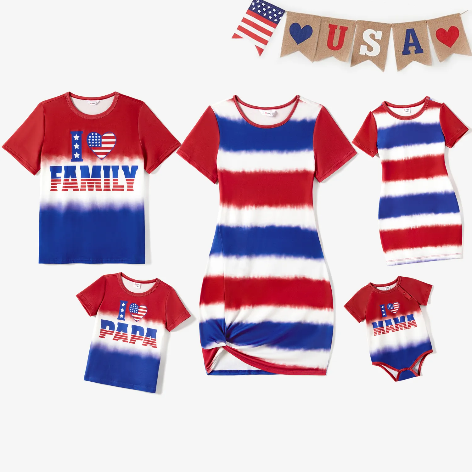 Independence Day Family Matching Ombre Tunic Dresses And Letter Print T-shirts Sets