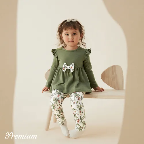2pcs Baby Girl Solid Cotton Ruffle Trim Bow Front Long-sleeve Top and Floral Print Naia™ Pants Set