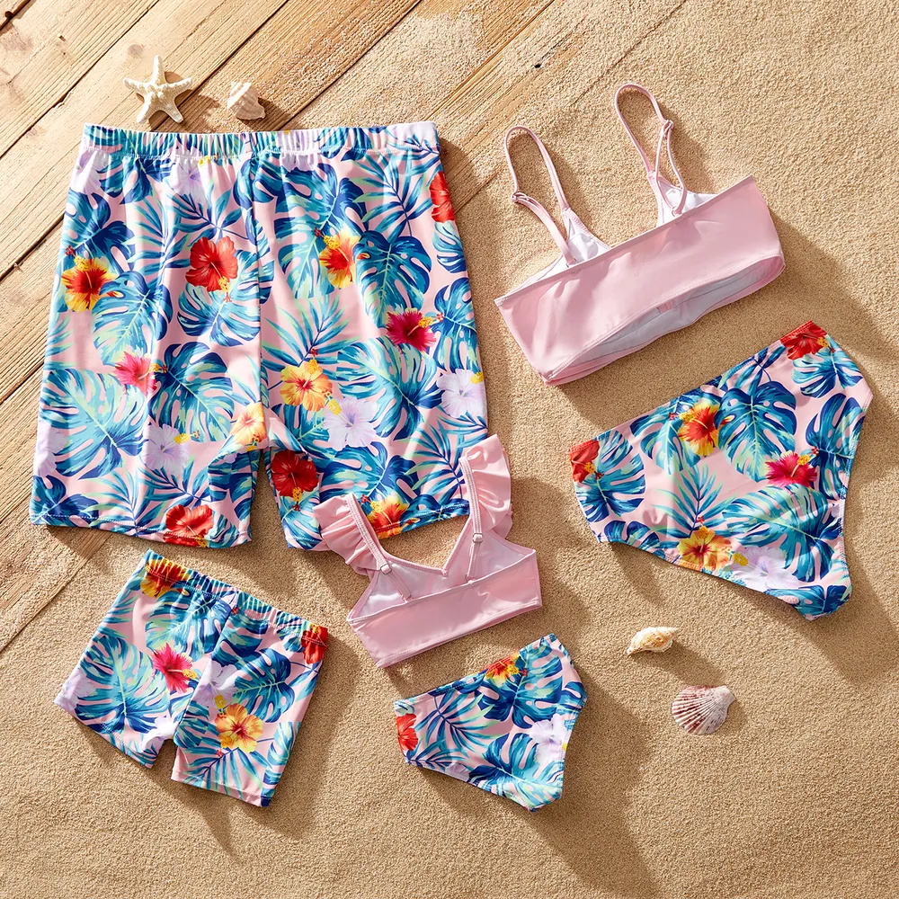 Family Matching Plant Print Crisscross Front Two-piece Swimsuit or Swim Trunks Shorts  big image 3