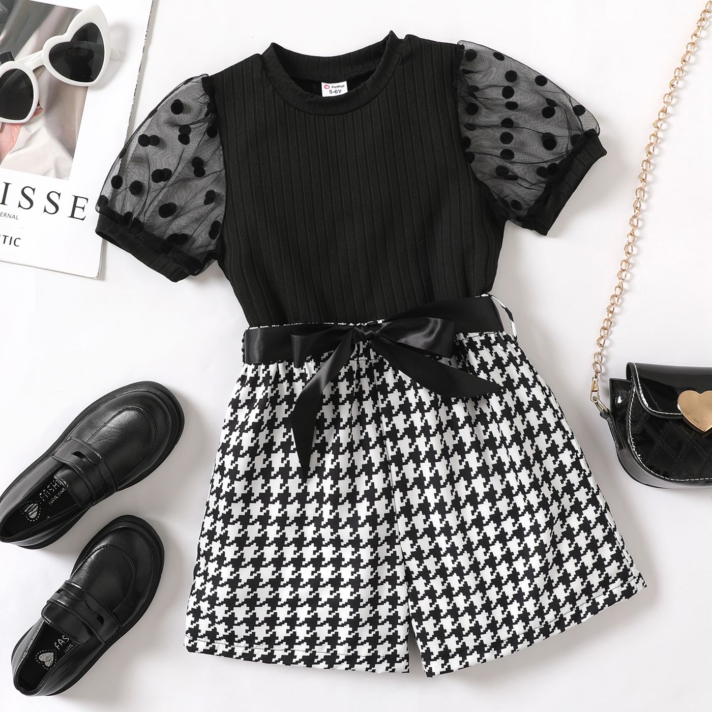 2pcs Kid Girl Polka Dots Mesh Short-sleeve Rib-knit Top And Houndstooth Print Belt Shorts Set