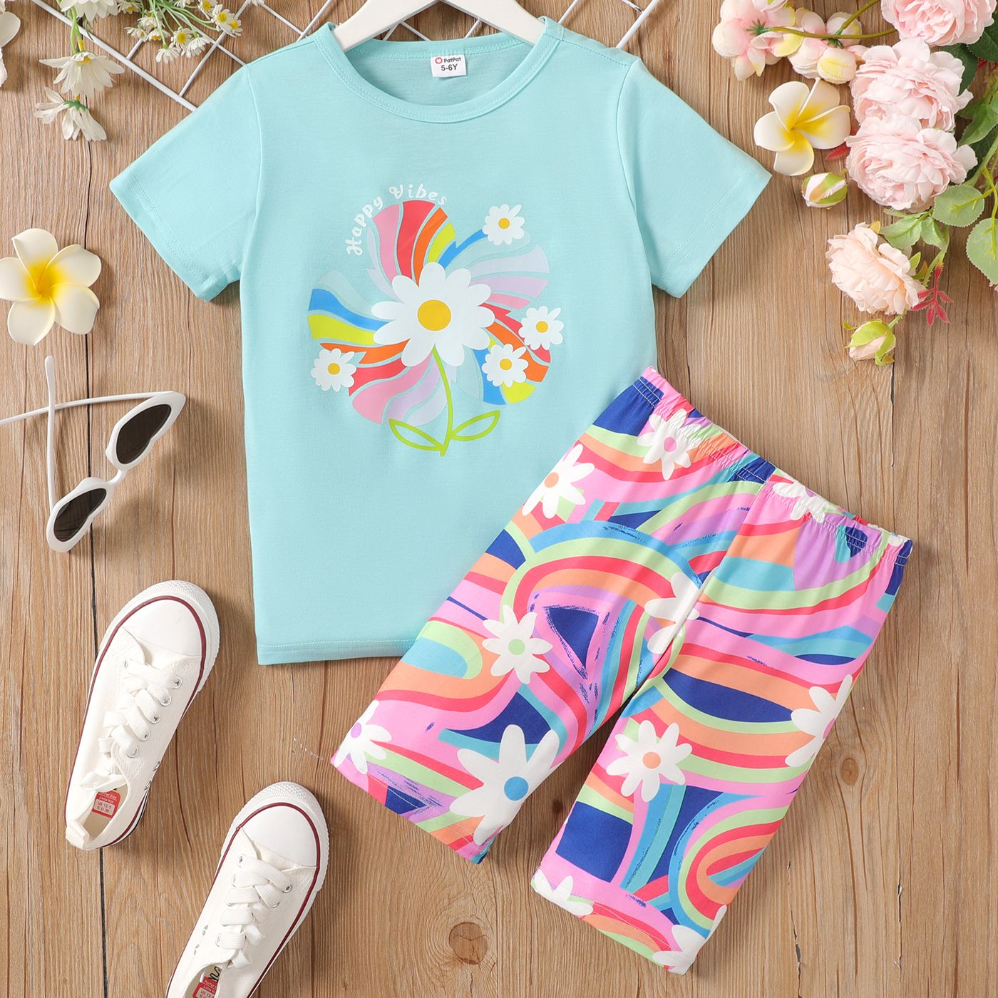 2pcs Kid Girl Floral Print Top à Manches Courtes Et Leggings Shorts Set