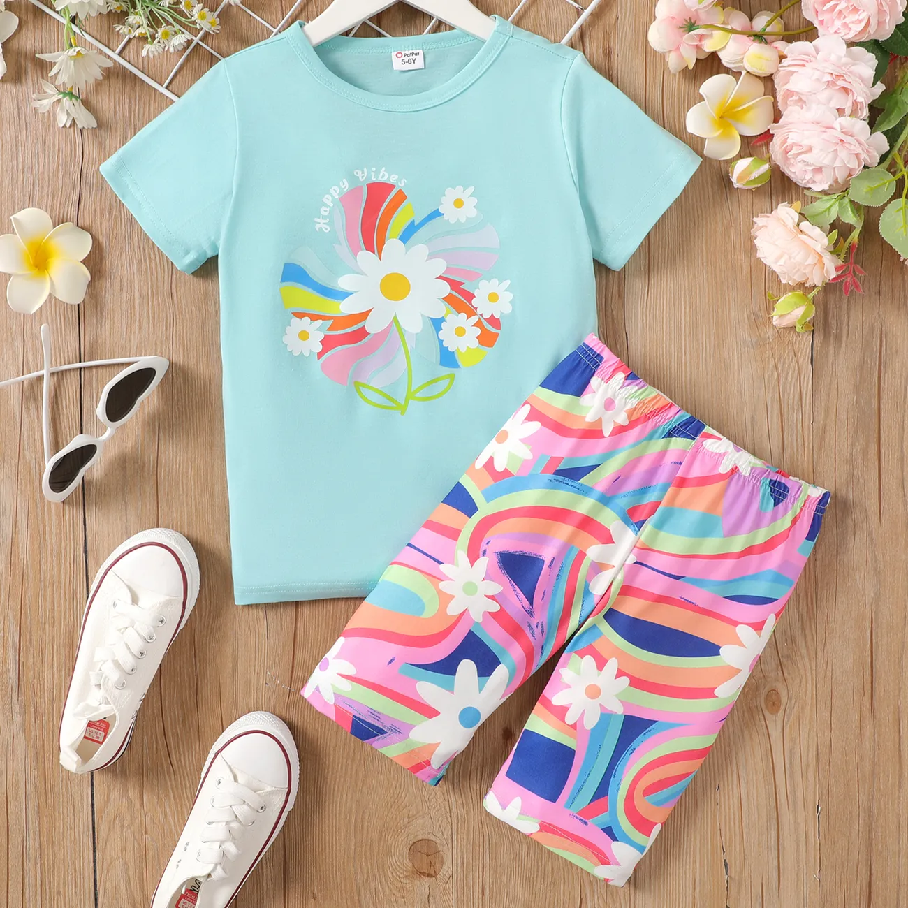 2pcs Kid Girl Floral Print Short-sleeve Top and Leggings Shorts Set Light Blue big image 1