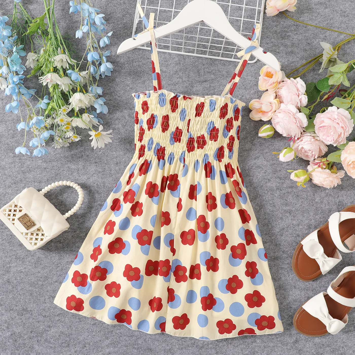 Kid Girl 100% Cotton Allover Floral Print Smocked Slip Dress Yellow big image 1
