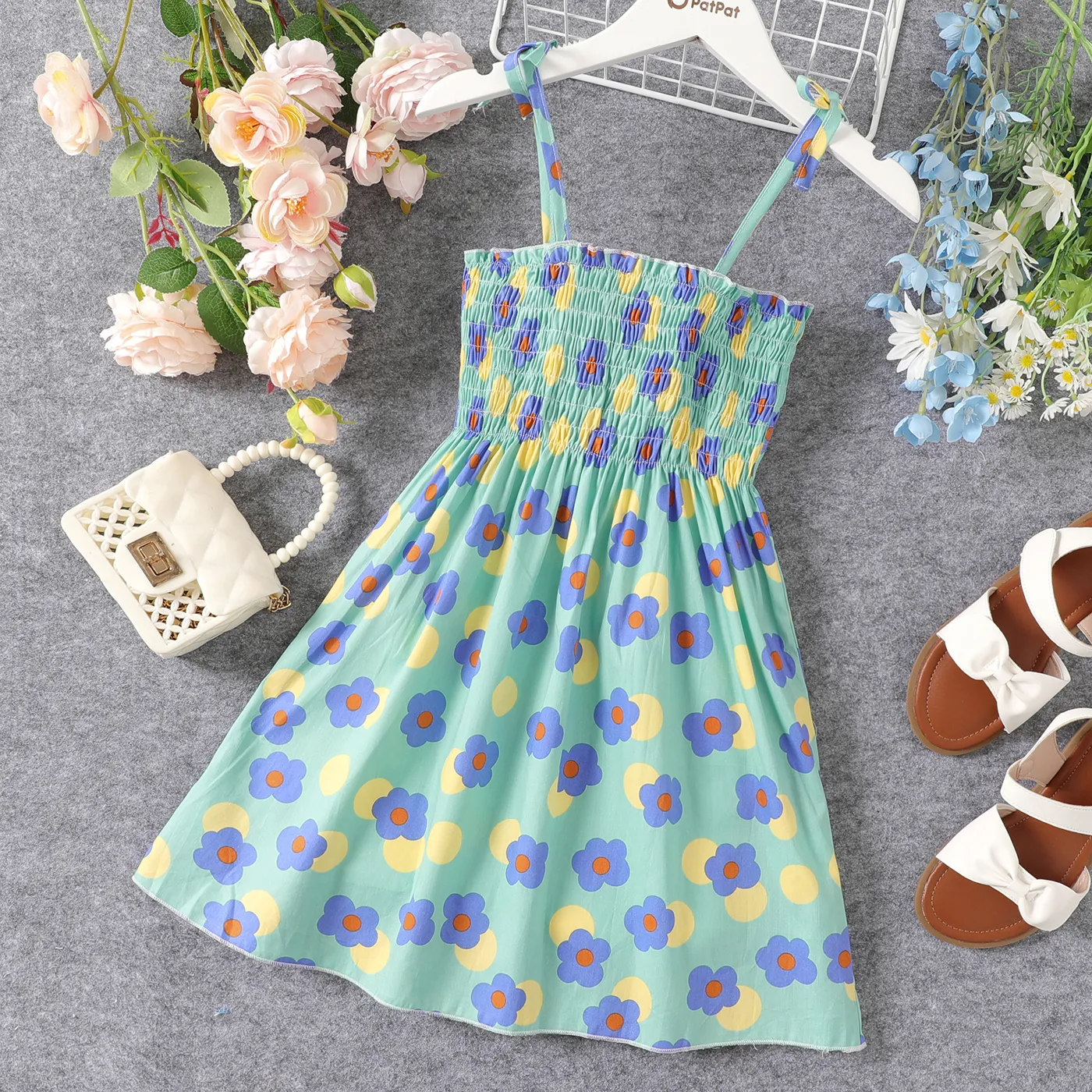 Kid Girl 100% Cotton Allover Floral Print Smocked Slip Dress Blue