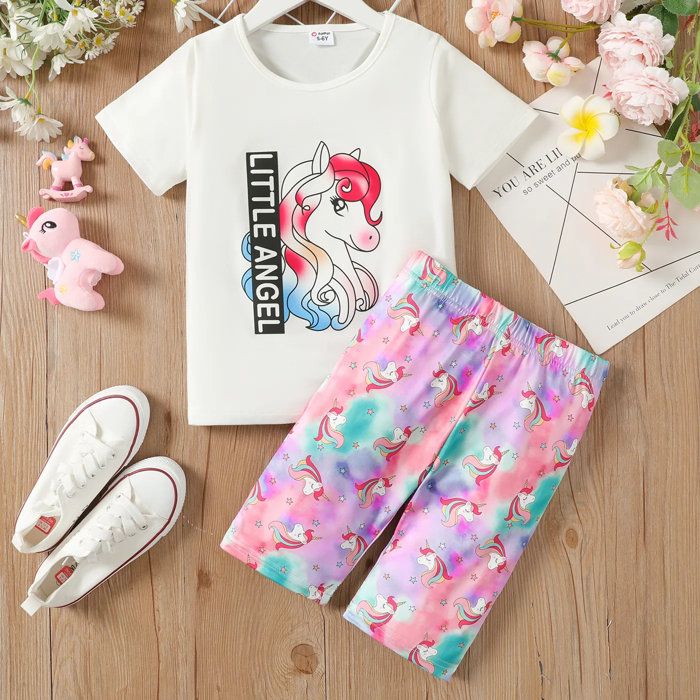 2pcs Kid Girl Animal Unicorn Letter Print Short-sleeve Top and Stars Print Leggings Shorts Set  big image 1