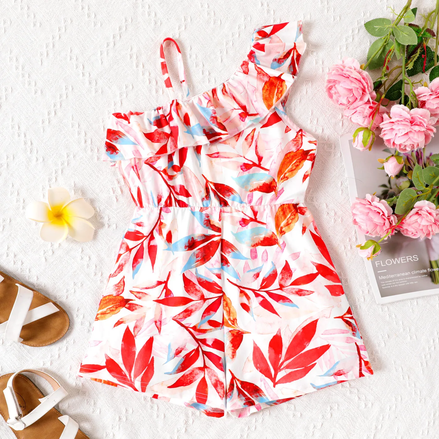 Kid Girl Allover Plant Leaf Print Ruffled One-Shoulder Cami Romper  big image 1