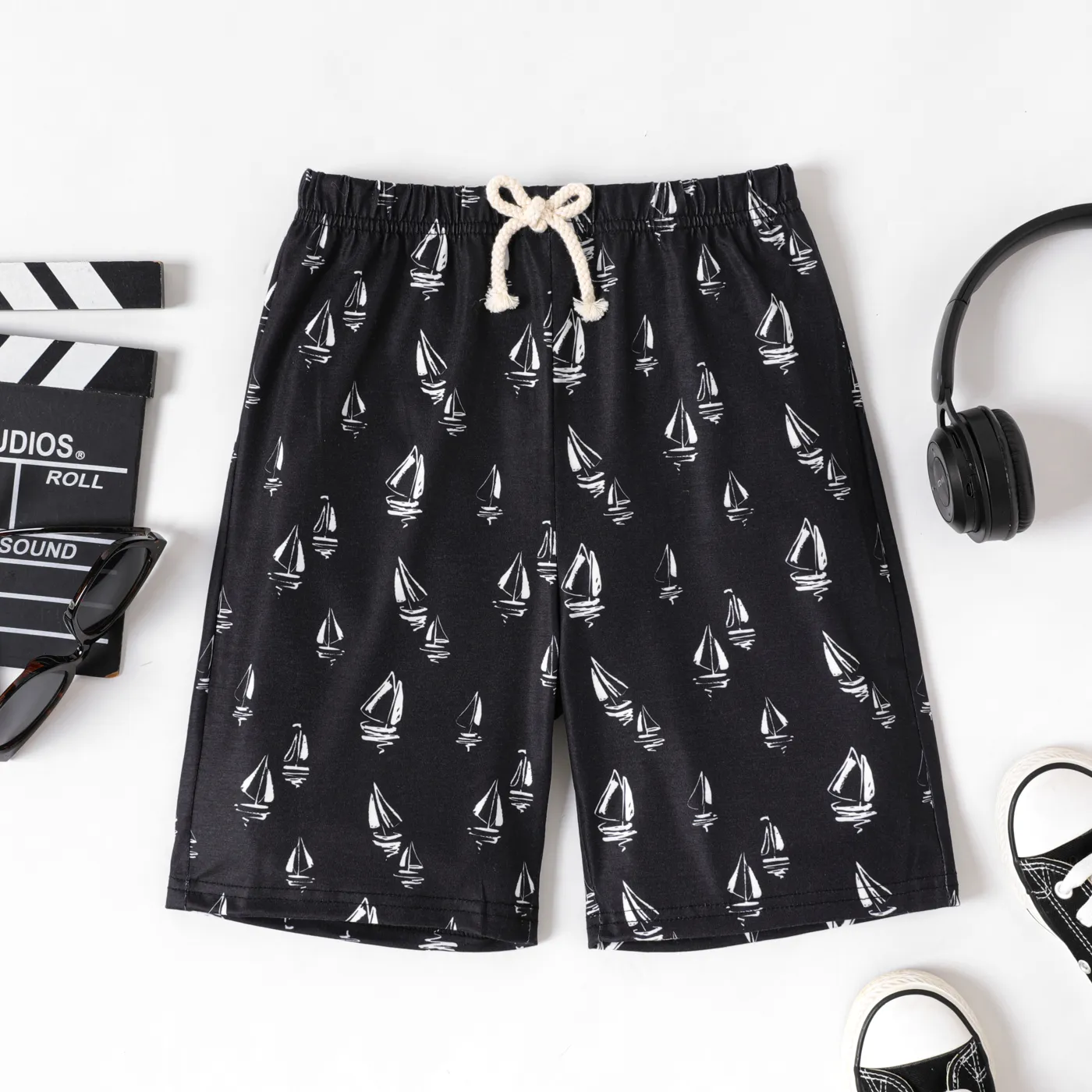 Kid Boy Allover Plant/Sailboat Print Bermuda Shorts Black