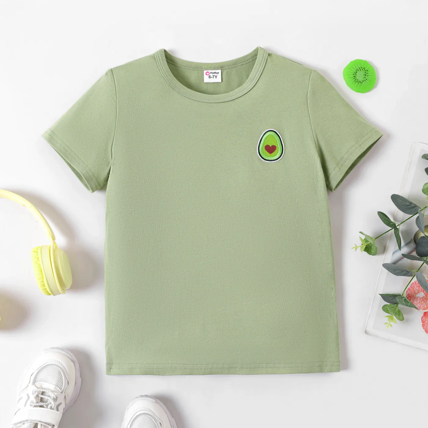 Kid Girl/Boy Fruit Patched Detail Short-sleeve Cotton Tee Light Green