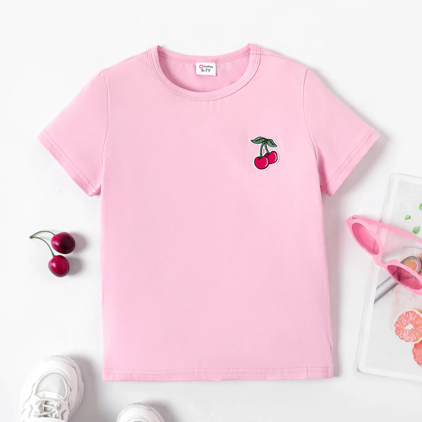 Kid Girl/Boy Fruit Patched Detail Short-sleeve Cotton Tee Pink big image 1
